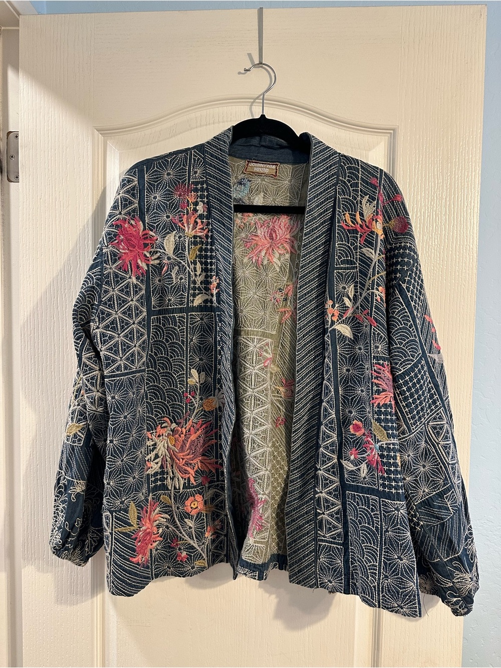 Johnny Was Washed Navy Floral Patchwork Quilted Jacket with Pink & Green Accents